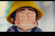 a cartoon character wearing a yellow hat is smiling and covering his eyes with his hands .