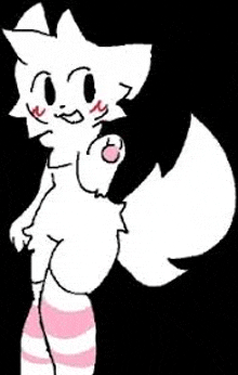 a white cat wearing pink and white striped socks and a tail .