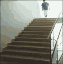 a person is walking up a set of stairs .