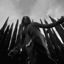 a black and white photo of a person standing in front of a row of trees .