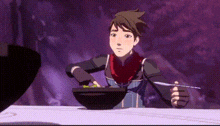 a cartoon character is sitting at a table eating a bowl of food with a spoon .
