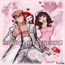 a picture of a man and a woman with mondo loves cherry written on it