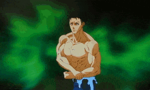 a shirtless anime character is standing in front of a green background