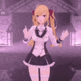 a girl with blonde hair and a bow on her head is standing on a stage