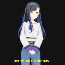 a girl with blue hair is standing in front of a black background with the words me when no jinmao