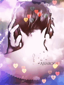 a woman wearing headphones with hearts on her hair and the words asiarock