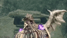 a video game character is riding a dragon in front of a statue .