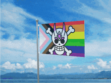 a rainbow flag with a skull and crossbones on it is flying in the wind