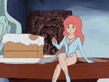 a cartoon girl with pink hair is sitting next to a cake