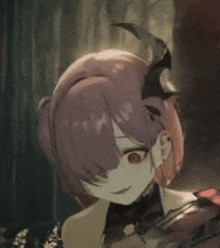 a close up of a girl with purple hair and bats on her head .