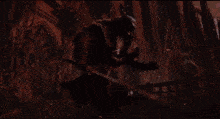 a video game character is riding a horse with a sword