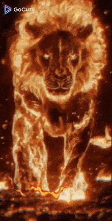 a lion is surrounded by flames and is standing on a rock .