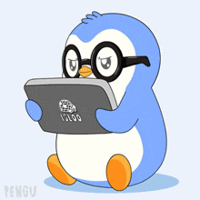 a penguin wearing glasses is holding a tablet that says igloo on it