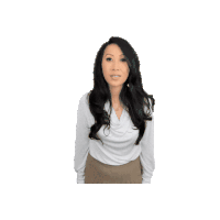 a woman wearing a white shirt and a brown skirt has her hands outstretched