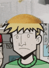 a cartoon drawing of a boy with a muffin on his head