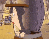 a cartoon character is sticking his head out of a barrel with a hat on his head .