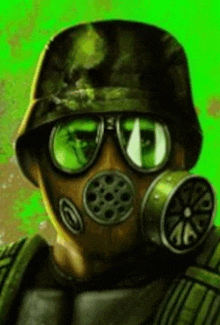 a soldier wearing a gas mask and a helmet on a green screen .