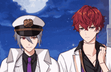 a couple of anime characters standing next to each other with a full moon in the background