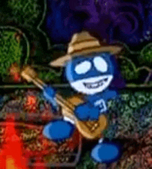 a blue cartoon character is playing a guitar in a hat .