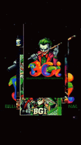 a colorful advertisement for bgi shows a joker holding a pool cue