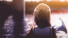 a girl in a school uniform is holding a trumpet and looking at the water