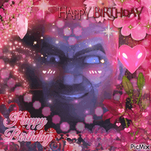 a picture of a man surrounded by pink flowers with the words happy birthday