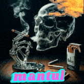 a skeleton is smoking a cigarette next to a pack of marlboro cigarettes