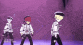 a group of anime characters are dancing in front of a purple wall