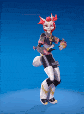 a furry character with red hair is dancing on a blue surface
