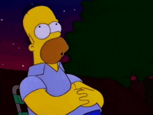 homer simpson from the simpsons is sitting in a chair with his arms crossed