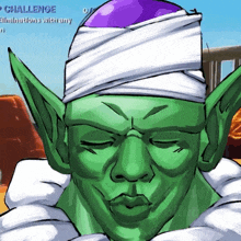 a drawing of a green elf with a white bandage on his head and the words challenge on the bottom