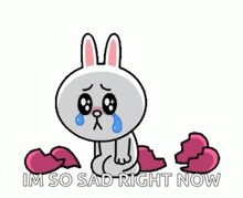 a cartoon rabbit is crying while sitting on a broken heart surrounded by hearts .