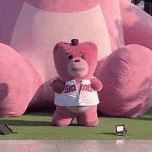 a pink teddy bear wearing a giants shirt