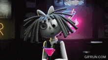 a gif from gifrun.com shows a doll holding a pink martini