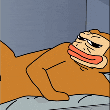 a cartoon character is laying in a bathtub holding a pink soap dispenser
