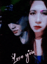 a man and a woman are standing next to each other with the words " i love you " written below them