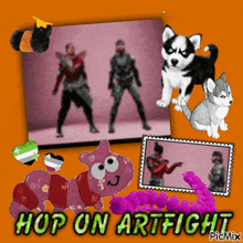 a collage of stuffed animals with the words hop on artfight at the top