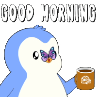 a penguin with a butterfly on its face holds a cup of coffee and says good morning