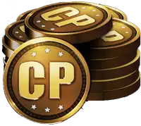 a stack of gold coins with cp on them