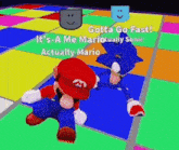 a cartoon of mario and sonic dancing on a colorful floor .