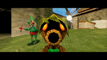 a video game scene with a green elf and a scarecrow in the foreground