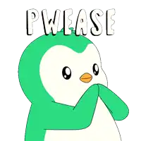 a cartoon penguin with the word pwease written on it