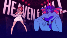 a cartoon of an angel and a demon with the words heaven and hell behind them