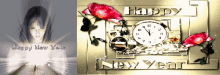 a happy new year greeting card with a clock