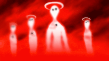 a group of ghosts with halos around their heads are standing in a line
