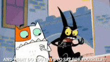 a cartoon of a cat and a rabbit with the words " and what do you have to say for yourself " below them