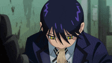 a man in a suit and tie eating noodles with yellow eyes