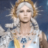 a close up of a woman wearing a crown and a necklace .