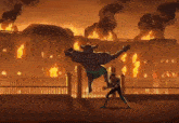 a cartoon of a man fighting a robot in front of a burning city