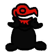 a pixel art drawing of a black duck with a red head
